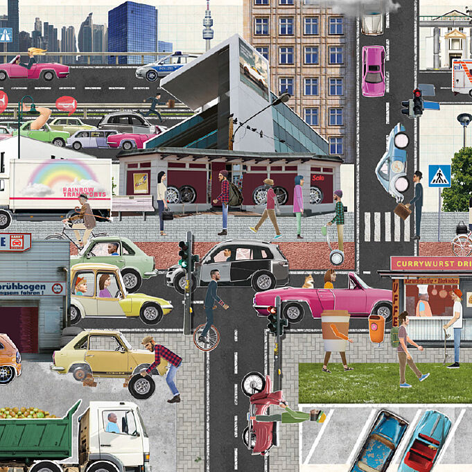 Digital colorful image collage shows an abstract traffic situation in the style of the corporate design of the exhibition