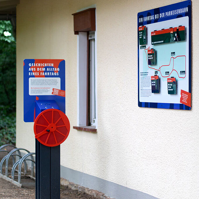Ein weißes Haus ist zu erkennen. Rechts an der Außenwand hängt die Informationstafel zu "Ein Fahrtag bei der Parkeisenbahn". Links neben dem Haus steht eine Vorrichtung, daran ist ein rotes Rad befestigt. Über der Vorrichtung steht "Geschichten aus dem Alltag eines Fahrtags".