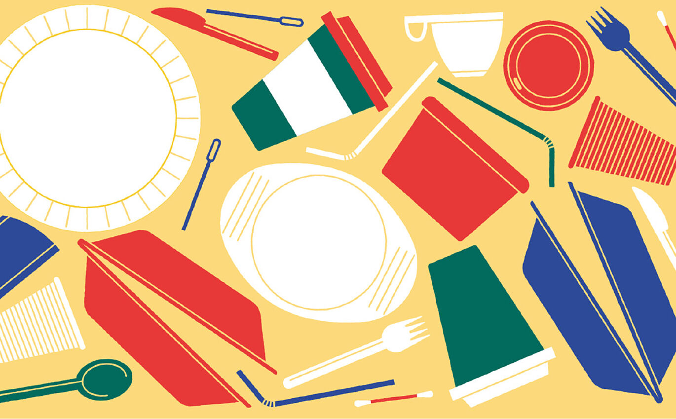 bunter Illustrationstil mit Plastikteller, Besteck, Plastikbecher und Strohhälmen