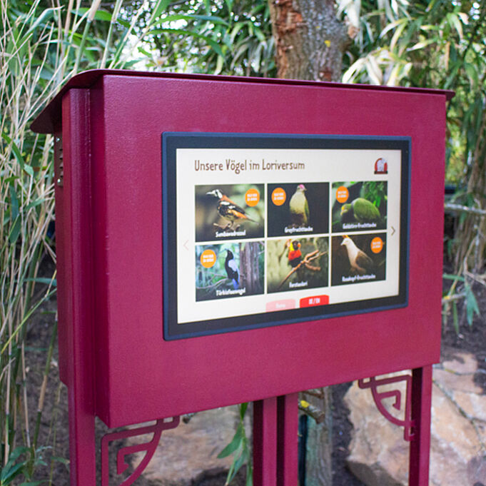 Photo of the media station ‘Our Birds in the Loriversum’. This features interactive displays providing information about the bird species found there. A screen is set within a red metal frame with decorative flourishes along the bottom edge.