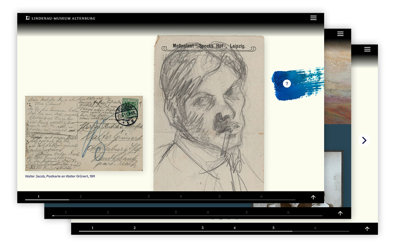 Drei Screenshots von Computerbildschirmen liegen so übereinander, dass nur der oberste zu erkennen ist. Der Screenshot zeigt die Website des Lindenau-Museums Altenburg. Zu sehen ist links das Foto einer handgeschriebenen alten Postkarte, daneben befindet sich das Foto eines Blattes auf dem eine Bleistiftzeichnung zu erkennen ist.