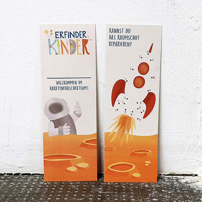 Lesezeichen Lesezeichen im Corporate Design mit ausmalbarer Rakete