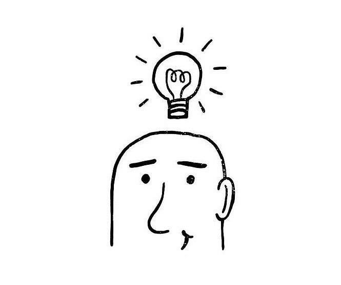 Eine simple schwarz-weiße Illustration, die ein Gesicht mit Glühbirne zeigt