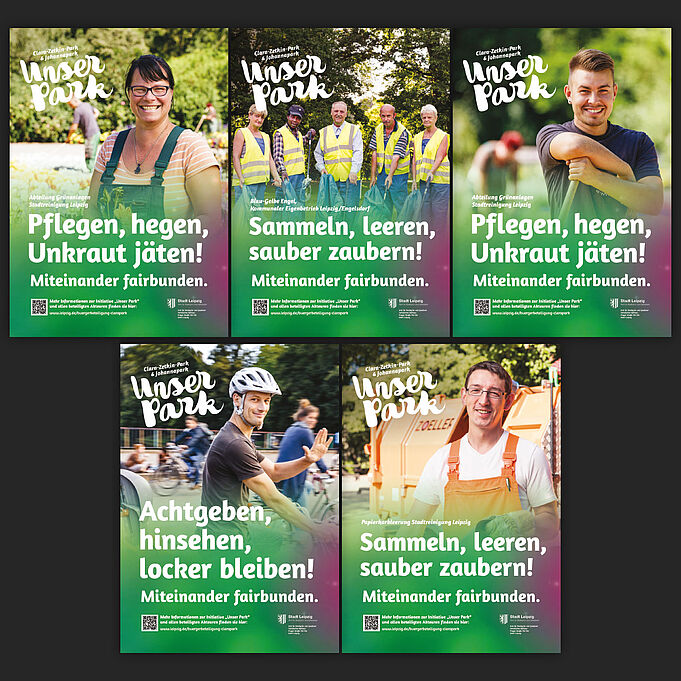 Plakate der Kampagne zeigen Gesichter "Pflegen, hegen, Unkraut jäten" "Sammeln, leeren, sauber zaubern" "Achtgeben hinsehen locker bleiben"