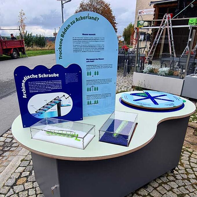 Realbild der Lernstation: Ein Tisch mit wellenförmigen Rändern und hell- und dunkelblauen, halbrunden Informationstafeln.