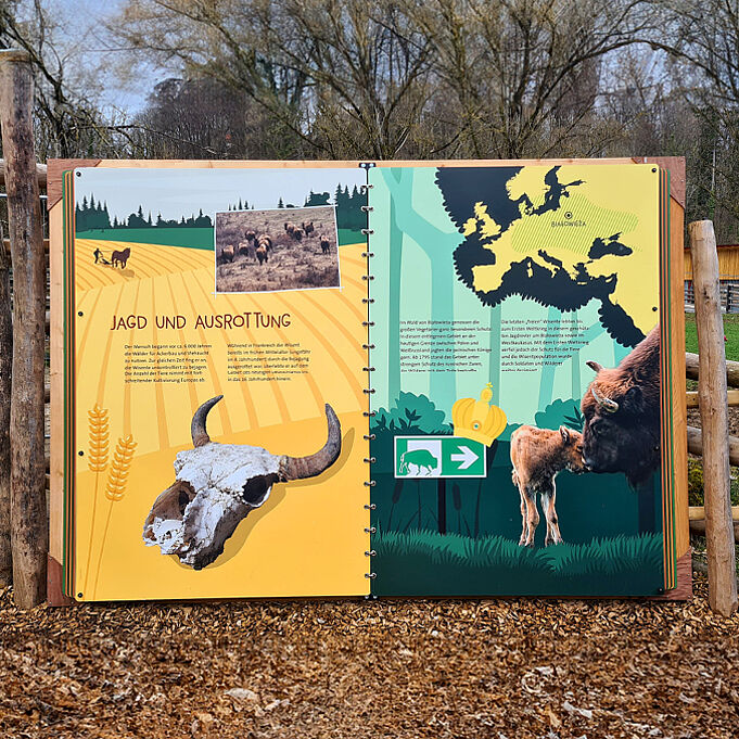 Learning station in the form of a giant flip book provides information about hunting and extermination