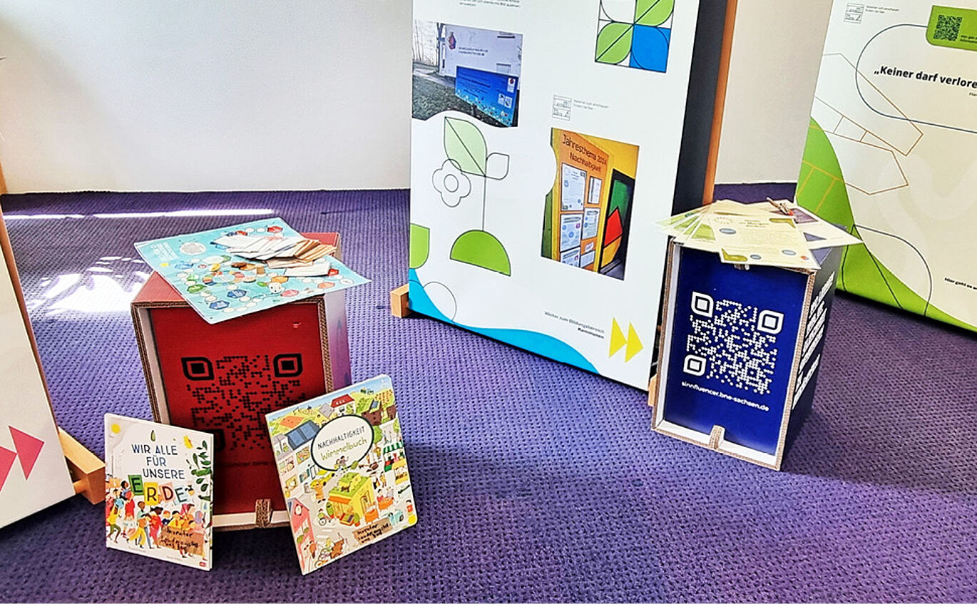 Foto von zwei kleinen Hockern aus Wabenpappe. Der linke ist rot, der rechte blau. Auf beiden ist ein QR-Code gedruckt. Es liegen mehrere Flyer und Karten auf den Hockern. An den linken angelehnt stehen zwei Kinderbücher.