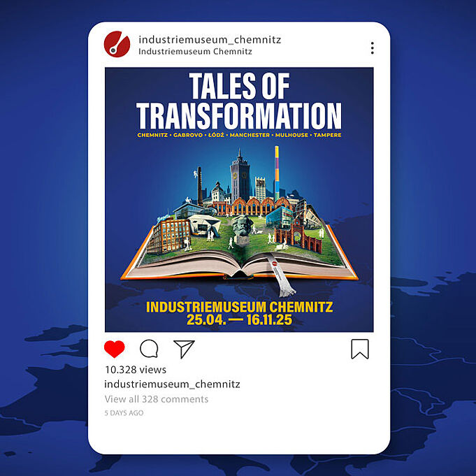 Mockup eines Social Media Beitrags des Industriemuseums Chemnitz auf Instagram vor dunkelblauem Hintergrund. Der Post zeigt das Key-Visual und die Angaben der Sonderausstellung Tales of Transformation.