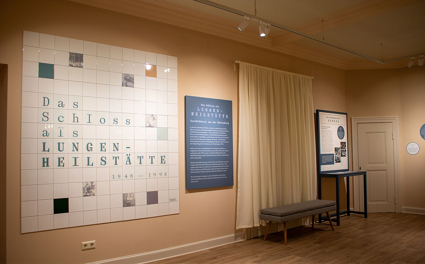 Eingangsbereich Eingangsbereich der Dauerausstellung. An einer Wand in Bildmitte hängen viele kleine weiße Fliesen, auf denen teilweise Buchstaben stehen oder Bilder zu erkennen sind. Auf den Fliesen steht "Das Schloss als Lungen-Heilstätte 1948-1998". Neben den Fliesen ist eine blaue Informationstafel zu erkennen, die Auskunft über die "Geschichte(n) aus der Mottenburg" gibt. Angrenzend hängt ein heller Vorhang von der Wand herunter, vor dem eine Sitzbank steht.