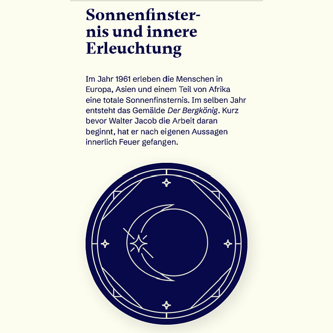 Folgender Text steht auf weißem Hintergrund: "Sonnenfinsternis und innere Erleuchtung". Darunter ist ein Abschnitt mit Text zu erkennen. Unter diesem ist ein runder schwarzer Kreis mit weiß gezeichnetem Mond.