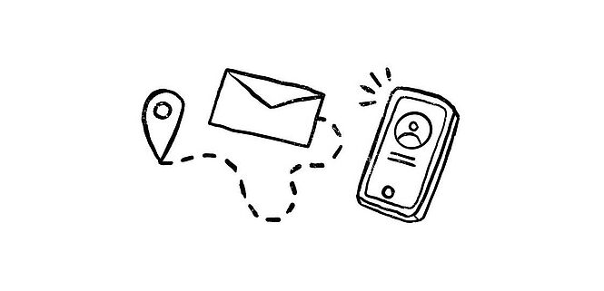 Eine Strichzeichnung zeigt ein Telefon, einen Briefumschlag und eine angedeutete Route mit Pin