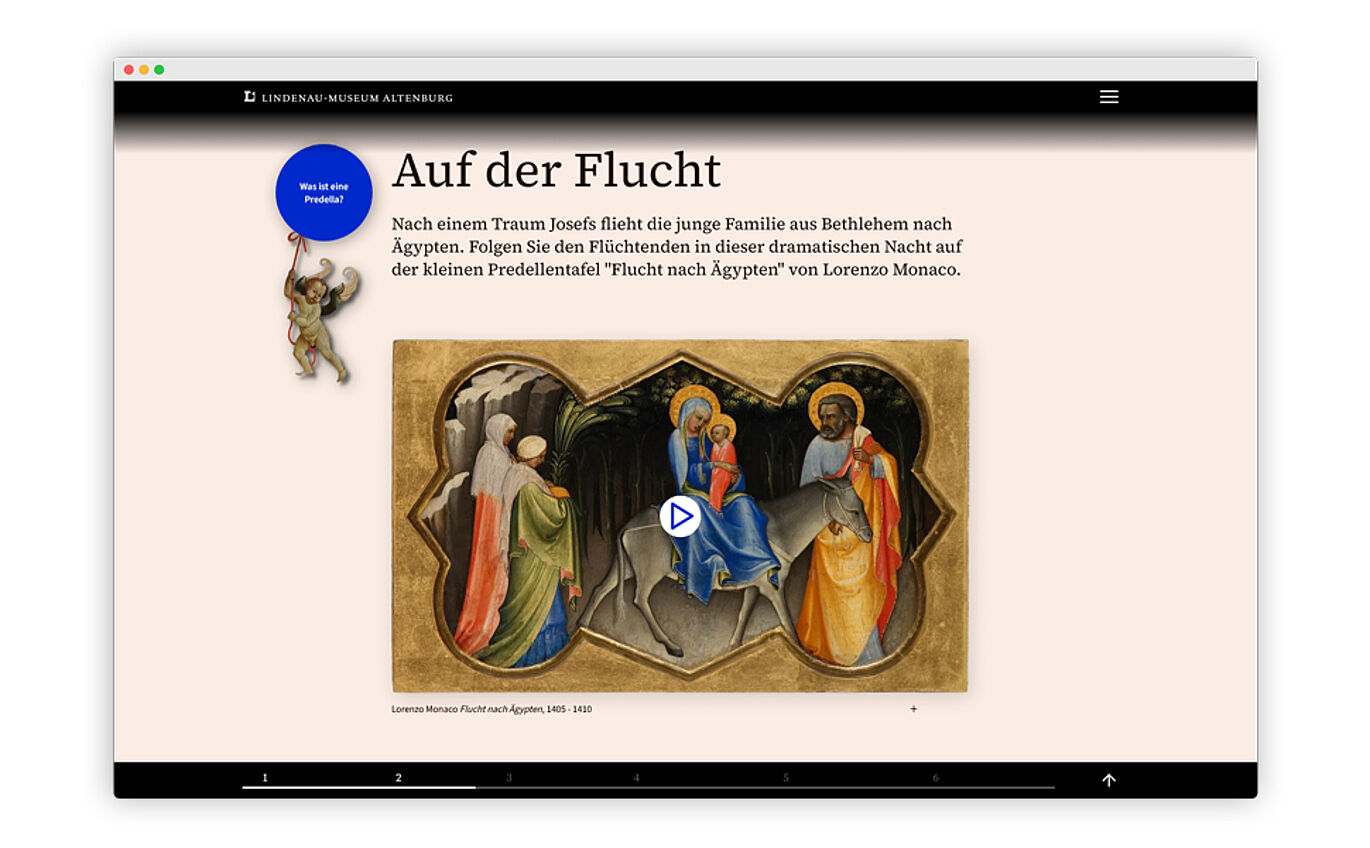 Der Screenshot eines Computerbildschirms zeigt die Website des Lindenau-Museums Altenburg. Unter der Überschrift "Auf der Flucht" ist ein kleiner Text zu Josef und Maria zu sehen, darunter ein Foto eines Gemäldes. Auf dem Foto verdeutlicht ein weißer Kreis mit einem blauen Dreieck, dass es sich um ein Video handelt, welches abgespielt werden kann. Links neben dem Text scheint ein Engel an einem blauen Ballon zu fliegen.