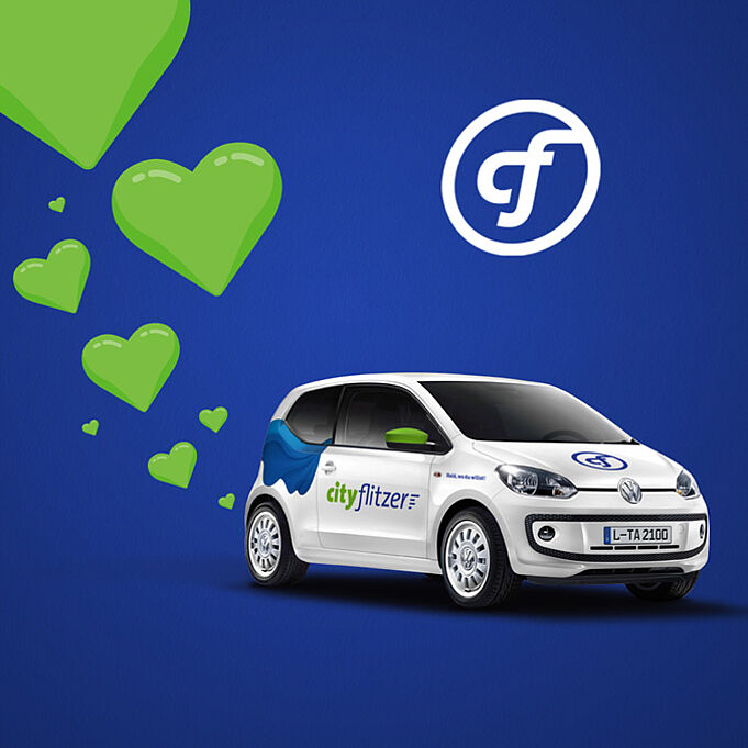 Digital graphic shows car with sticker and illustrations in corporate design branding of cityflitzer