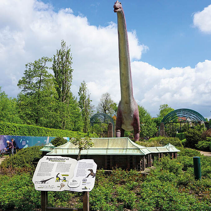 Argentinosaurus in Lebensgröße und Infotafel aus anderer Perspektive