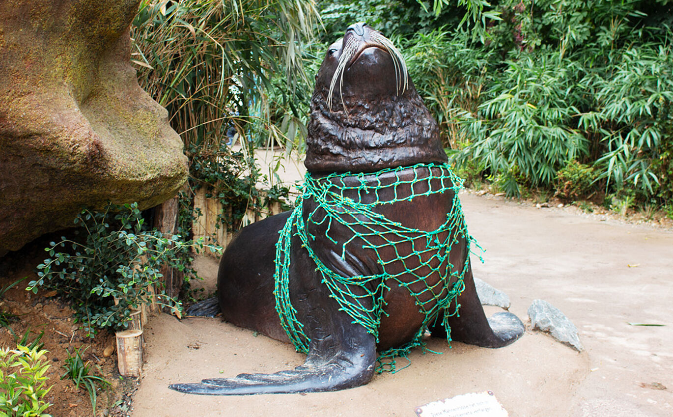 Foto der lebensnahen Skulptur einer Mähnenrobbe, die in einem grünen Fischernetz gefangen ist.