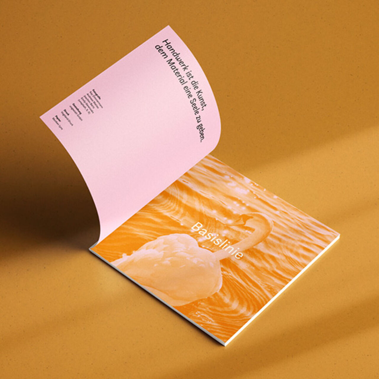 Mockup der ersten Seite des Katalogs. Auf der rechten Seite ist das Foto eines Schwans zu erkennen, davor steht "Basislinie". Die Farben sind rosa-orange gehalten.