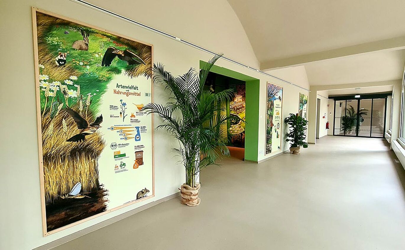 Information board in the passageway area provides information about biodiversity and food
