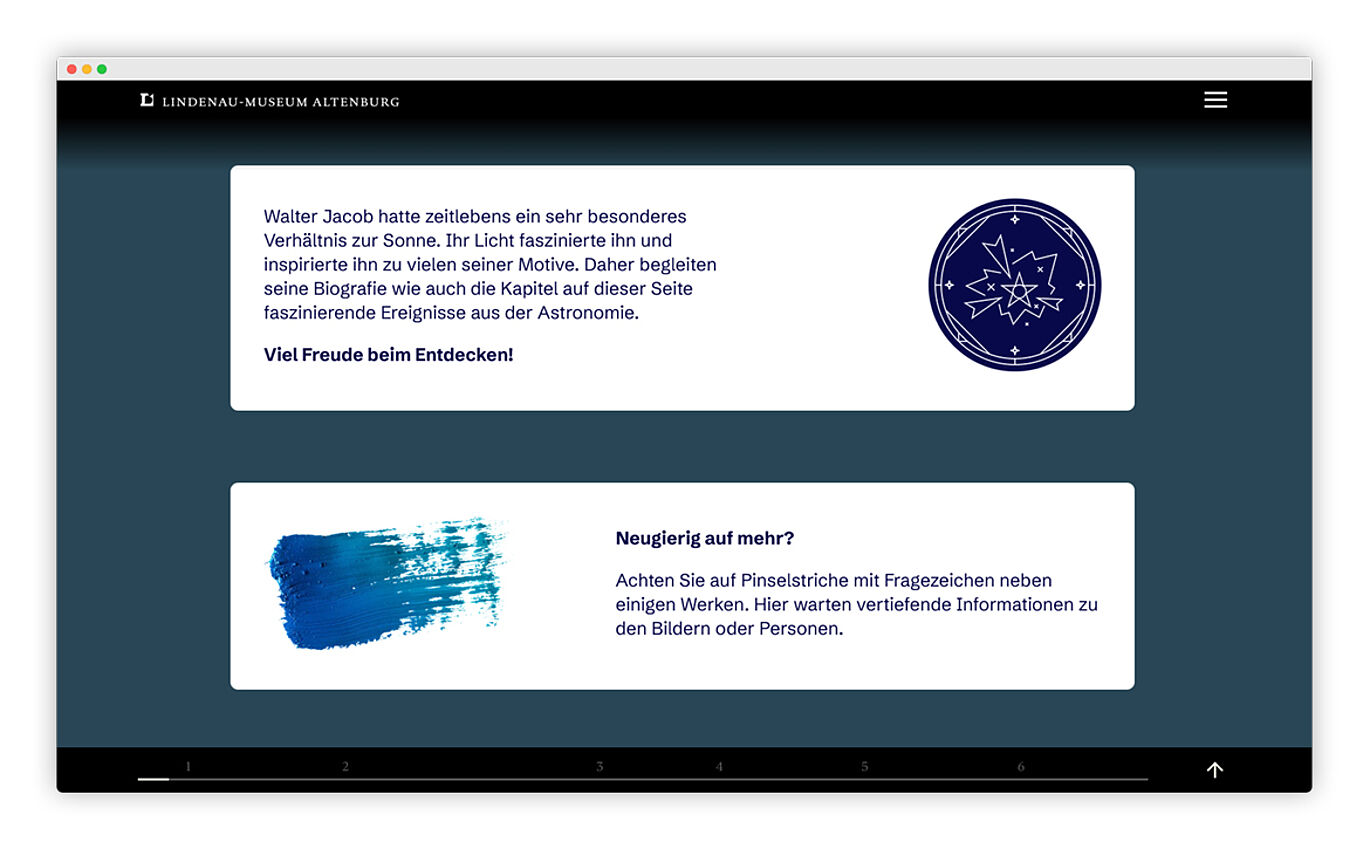 Der Screenshot eines Computerbildschirms zeigt die Website des Museums. Auf dunklem Hintergrund sind zwei weiße, abgerundete Kästen zu erkennen. Auf dem oberen steht ein kleiner Text zu Walter Jacob, neben dem ein schwarzer Kreis mit weißer Zeichnung drin ist. Im unteren Kasten steht "Neugierig auf mehr?" und ein kleiner Text. Links daneben ist der blaue Strich eines Pinsels zu sehen.