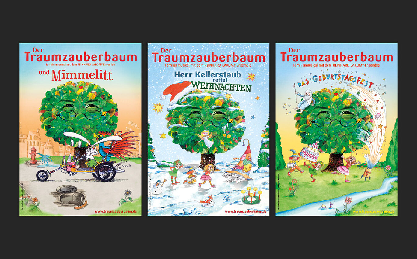 Drei Cover-Entwürfe: Der Traumzauberbaum und Mimmelitt, Herr Kellerstaub rettet Weihnachten, Das Geburtstagsfest