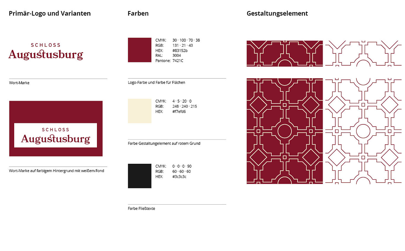 Primary logo and variants, colors and design elements of Augustusburg Castle