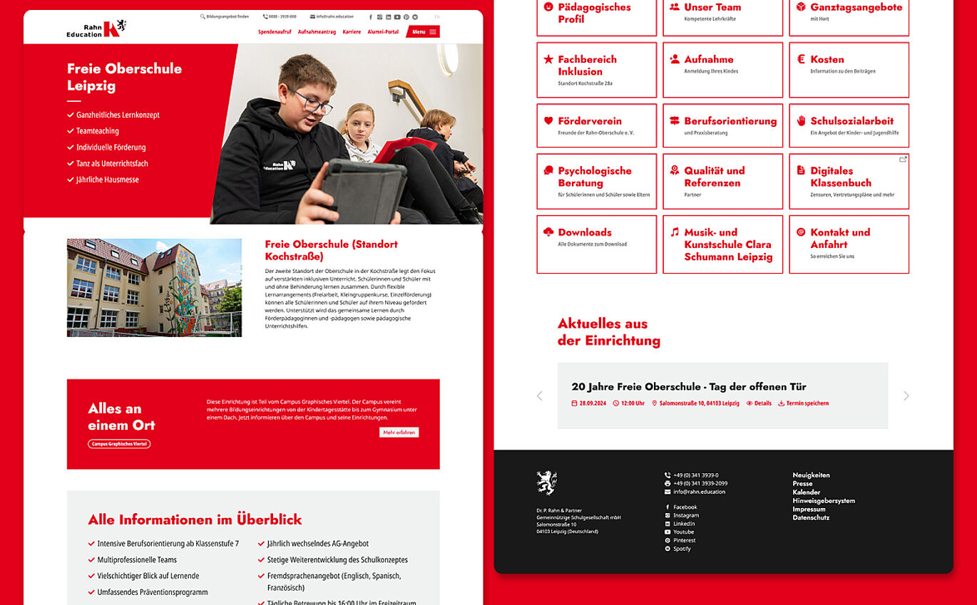 Detailseite einer Bildungseinrichtung mit verschiedenen Layout-Elementen