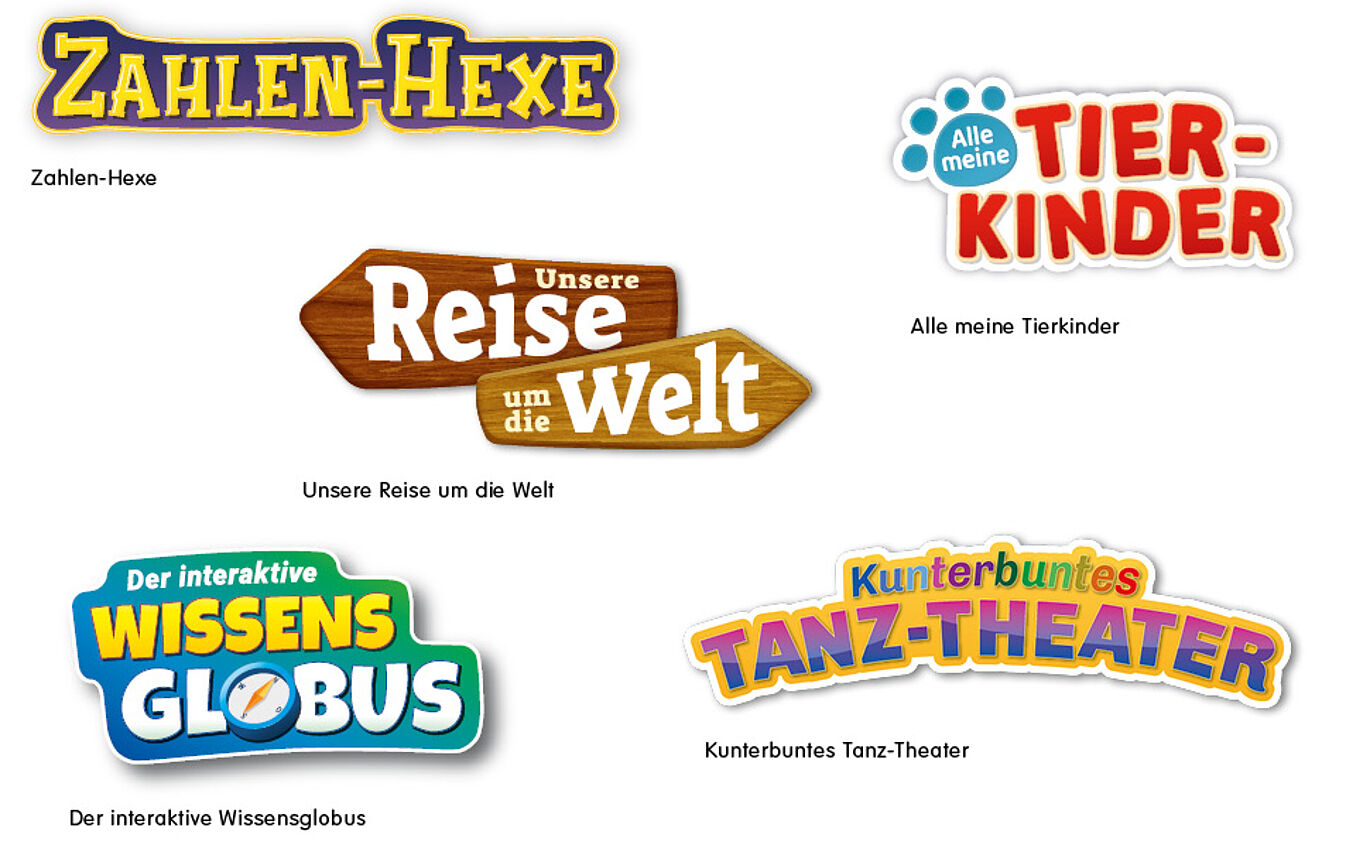 Logo für Zahlen-Hexe, Alle meinen Tierkinder, Unsere Reise um die Welt, Der interaktive Wissensglobus, Kunterbuntes Tanz-Theater 