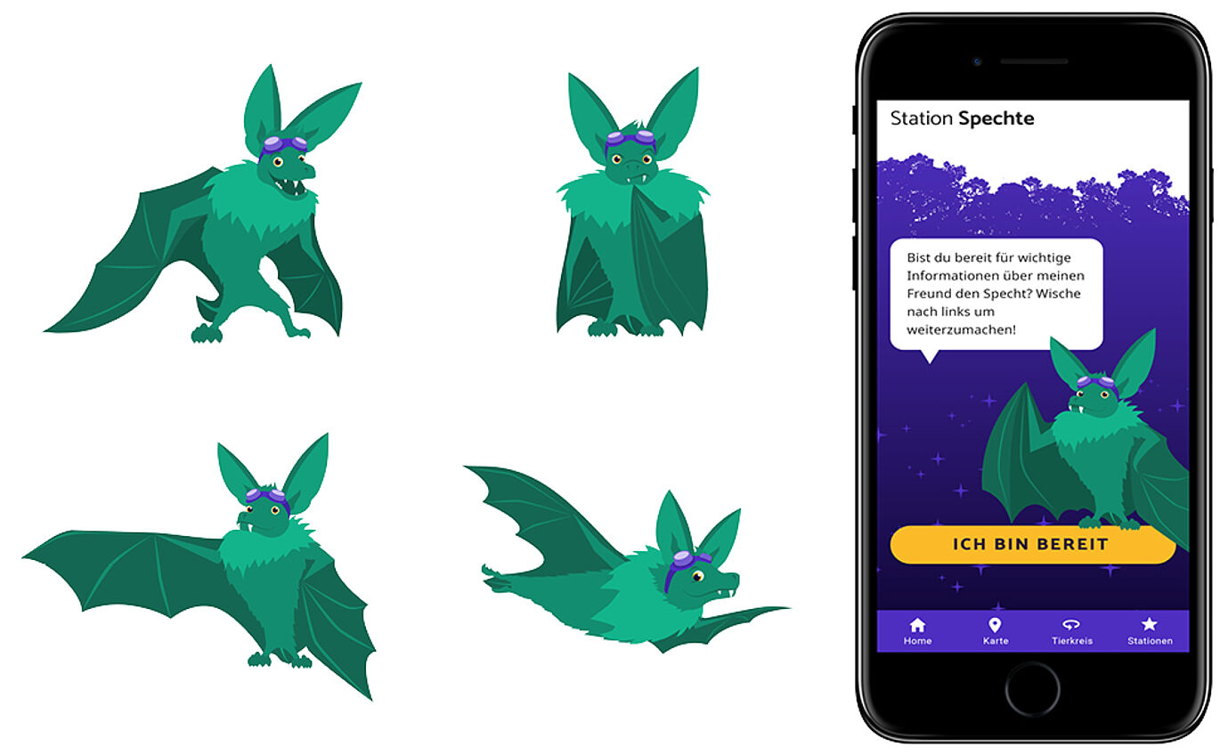 Vier verschiedene Varianten des Fledermaus-Avatars, sowie Anwendungsbeispiel in der App