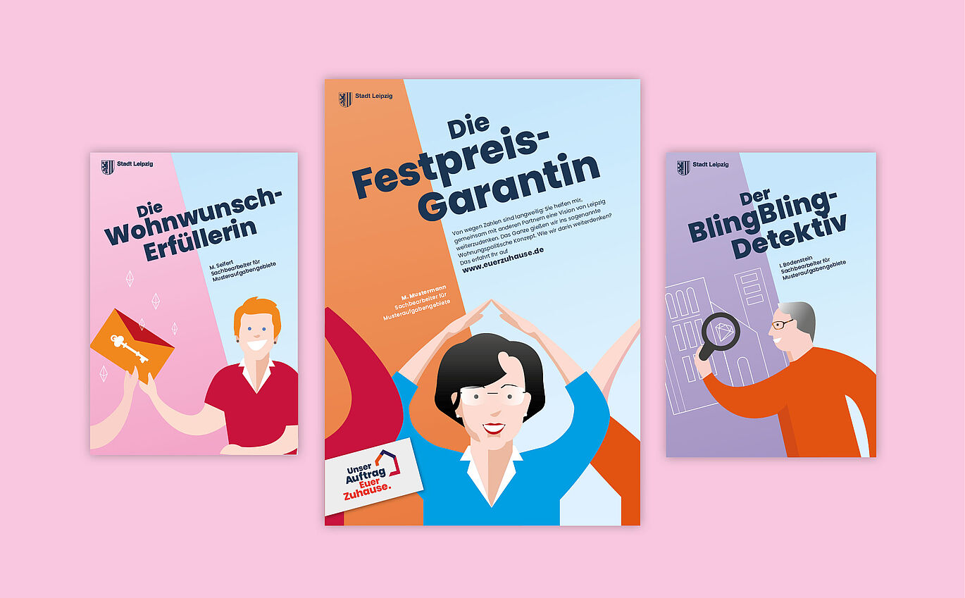 Unser Auftrag für euer zuhause Illustrationen "Wohnwunsch Erfüllerin" "Die Festpreis-garantin" "Der Bling Bling Detektiv"