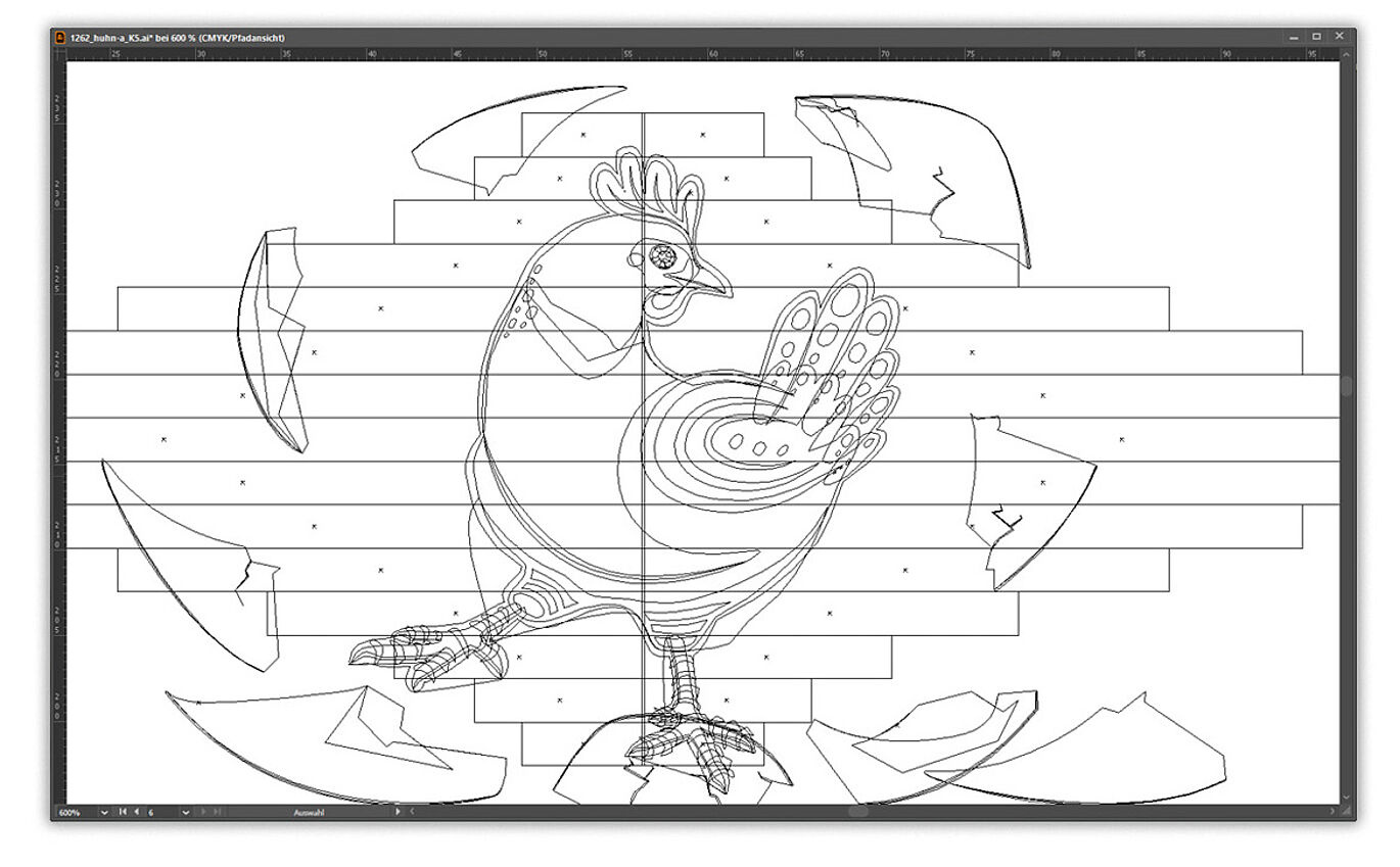 Facade painting of a chicken as digital colorless sketch 