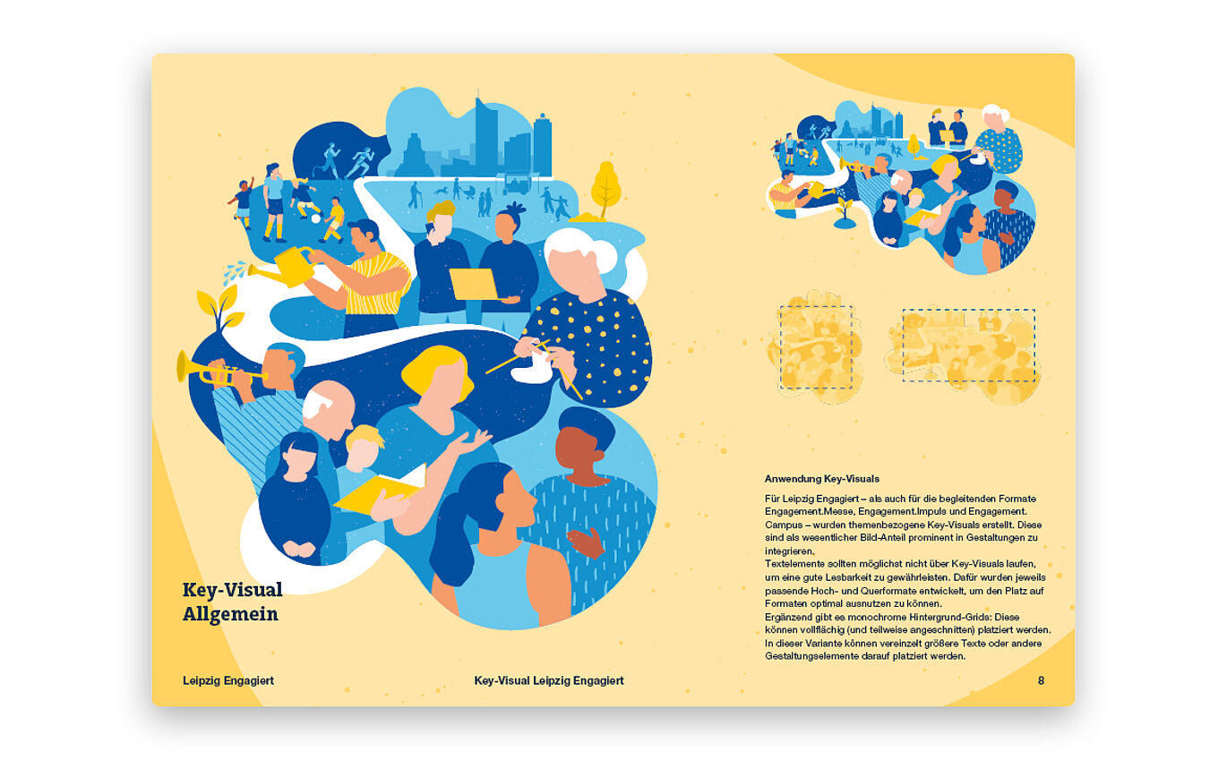 Darstellung einer einzelnen Seite aus dem Styleguide für Leipzig Engagiert, der den Umgang mit Key Visuals aufzeigt
