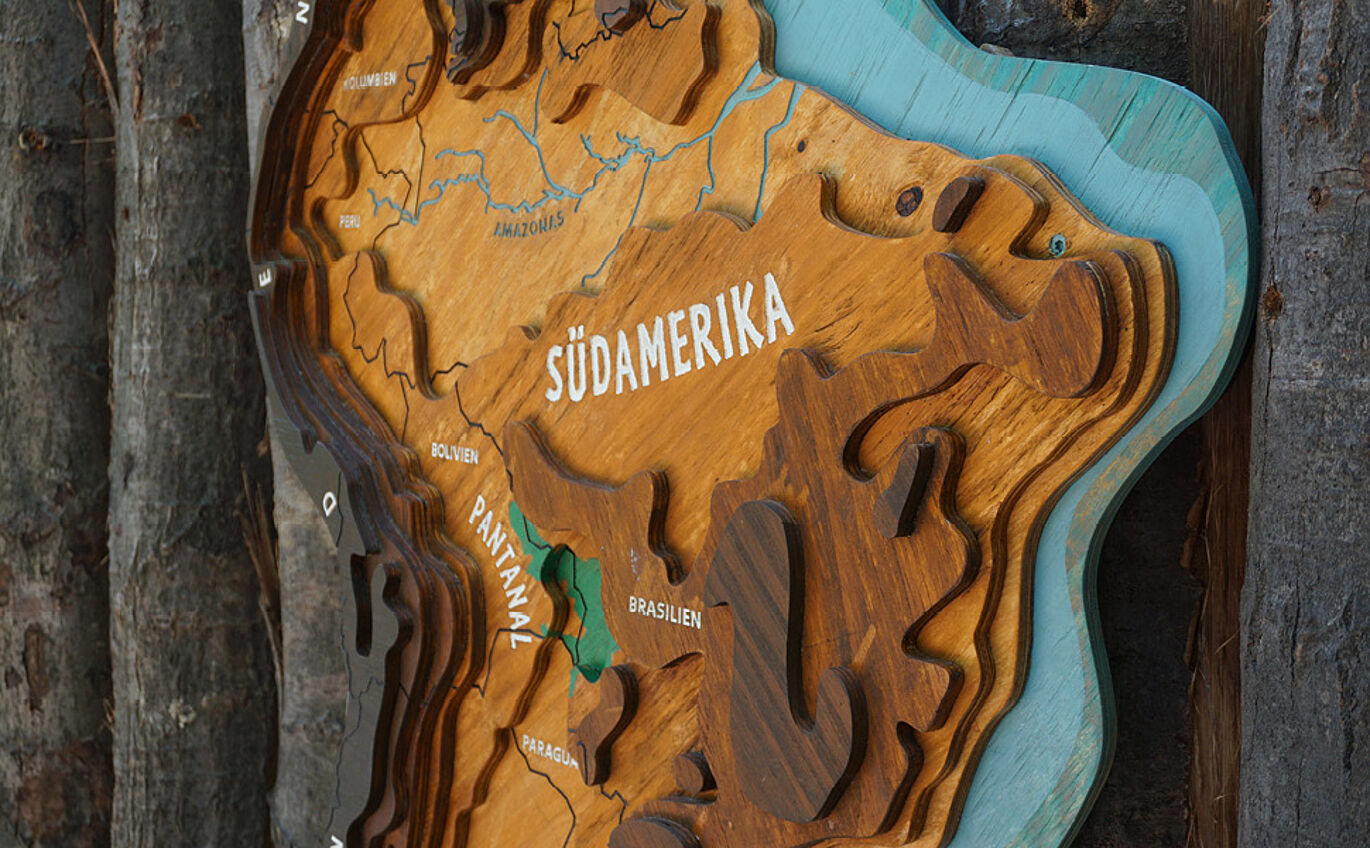 Scenographic 3D topography of South America map made of wood