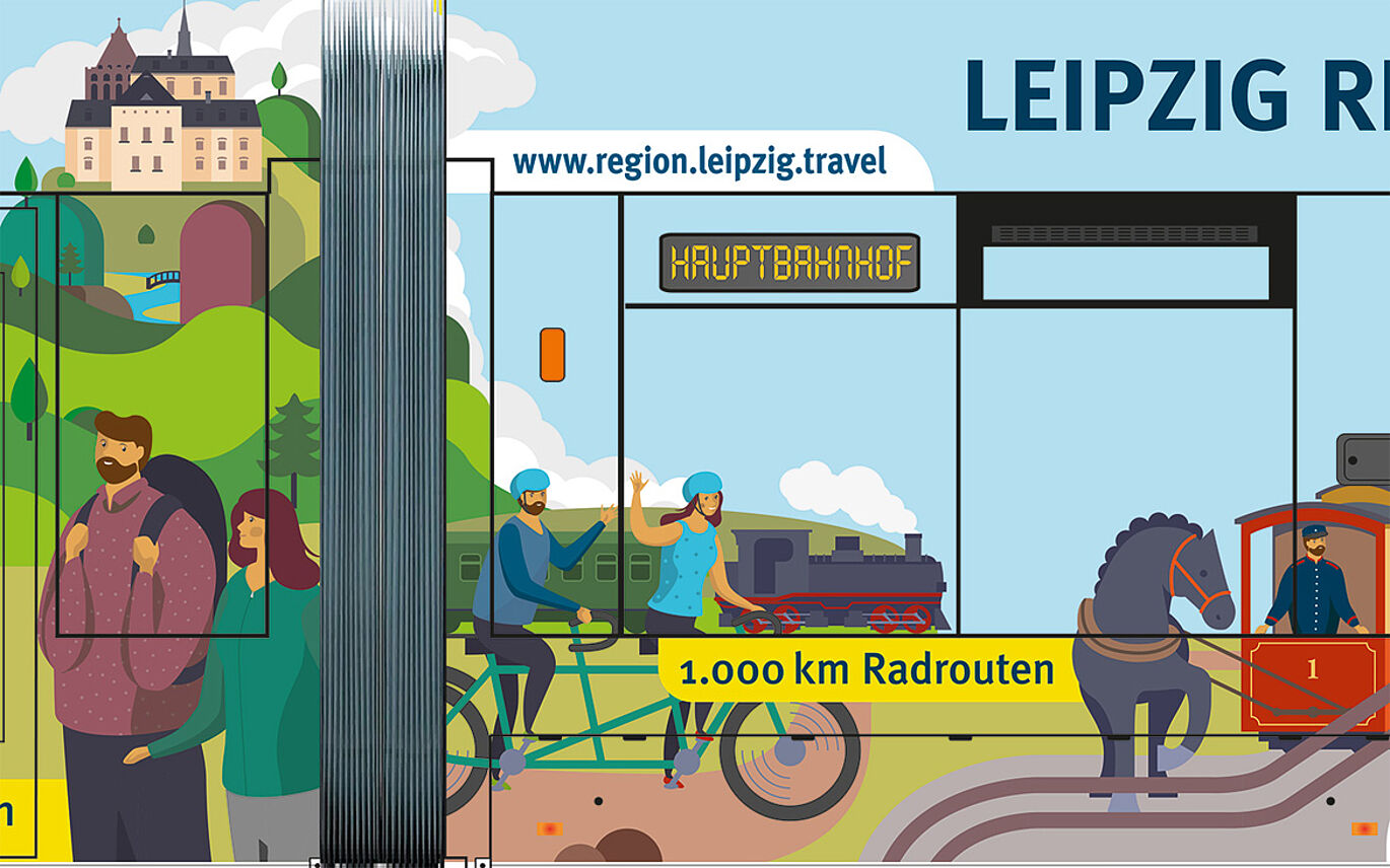 illustrierte Geschichten über die Region Leipzig auf der Erfurter Straßenbahn