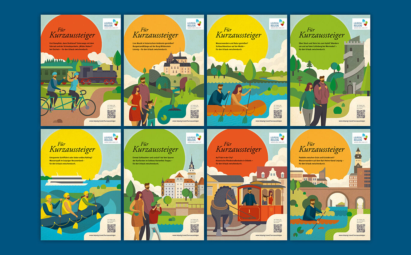 Plakatkampagne Entwicklung eines Illustrationsstils und 16 Motiven, die für die Region Leipzig werben