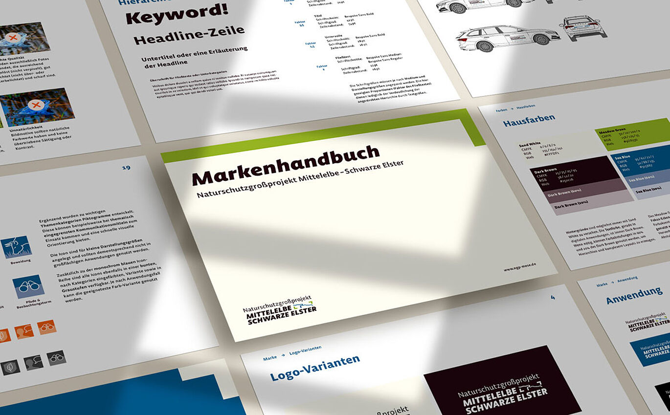 Mockup des Markenhandbuchs. Die einzelnen Seiten sind nebeneinander angeordnet und ein Lichtreflex ist auf der Titelseite zu erkennen.