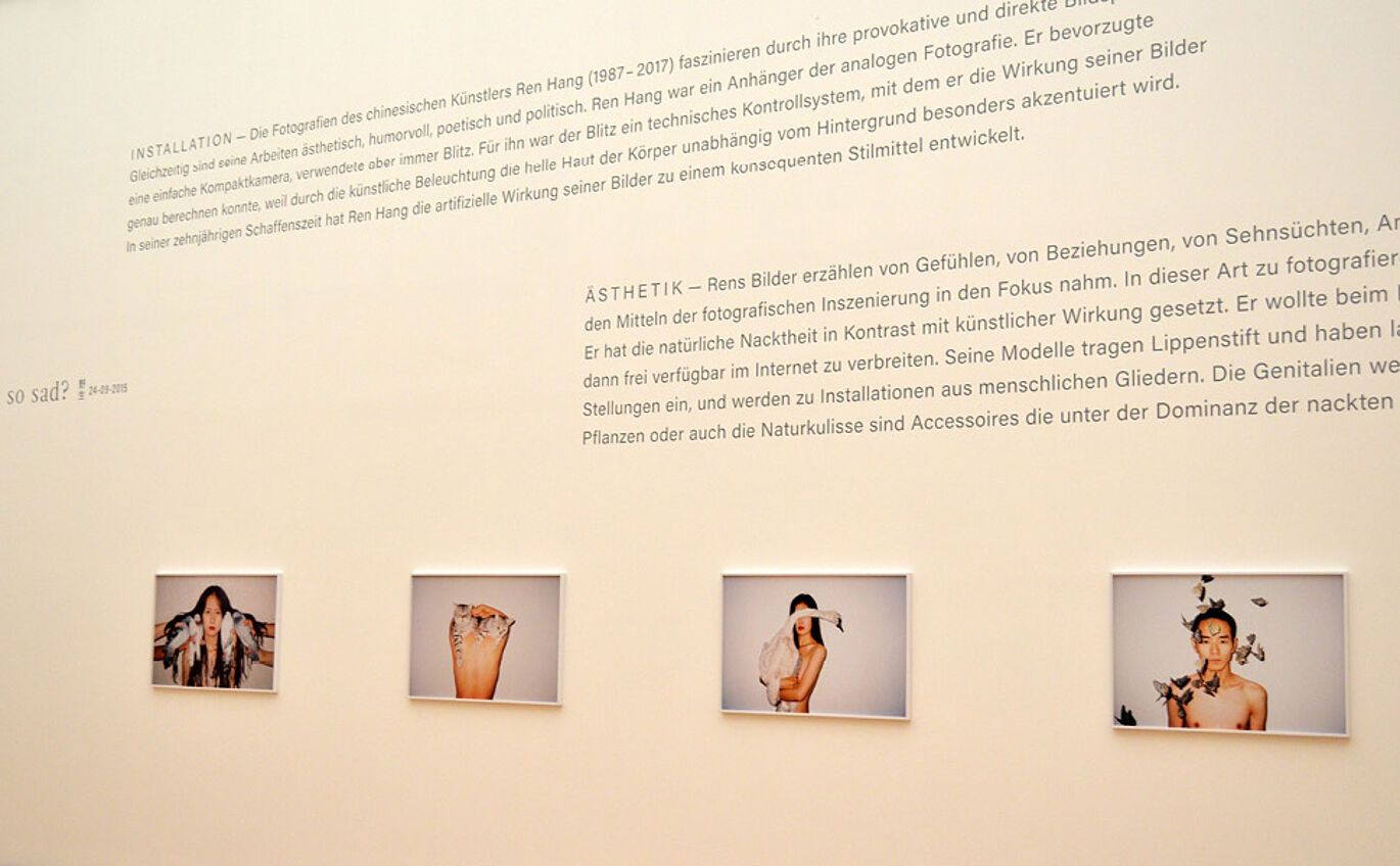 In die Wandabwicklung integrierte typografische Begleittexte als Teil des Ausstellungsdesigns und der vier Exponate von Ren Hang