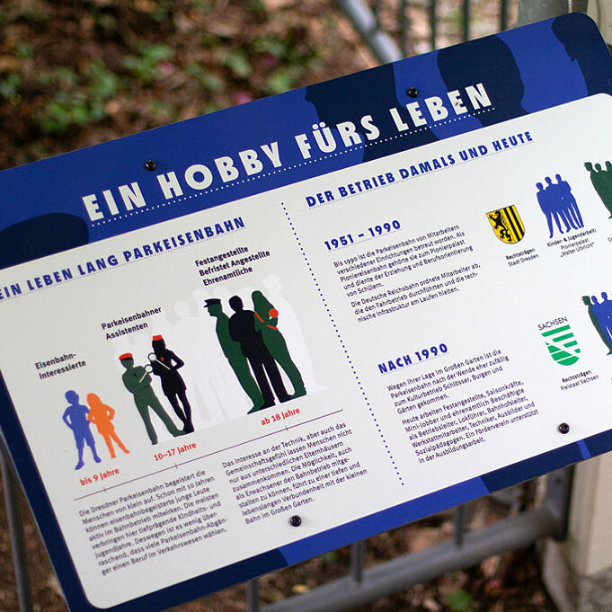 Eine Informationstafel vermittelt Texte zu "Ein Hobby fürs Leben". Zeichnungen von Figuren mit Text darunter beschreiben, in welchem Alter man sich wie bei der Parkeisenbahn Dresden einbringen kann.