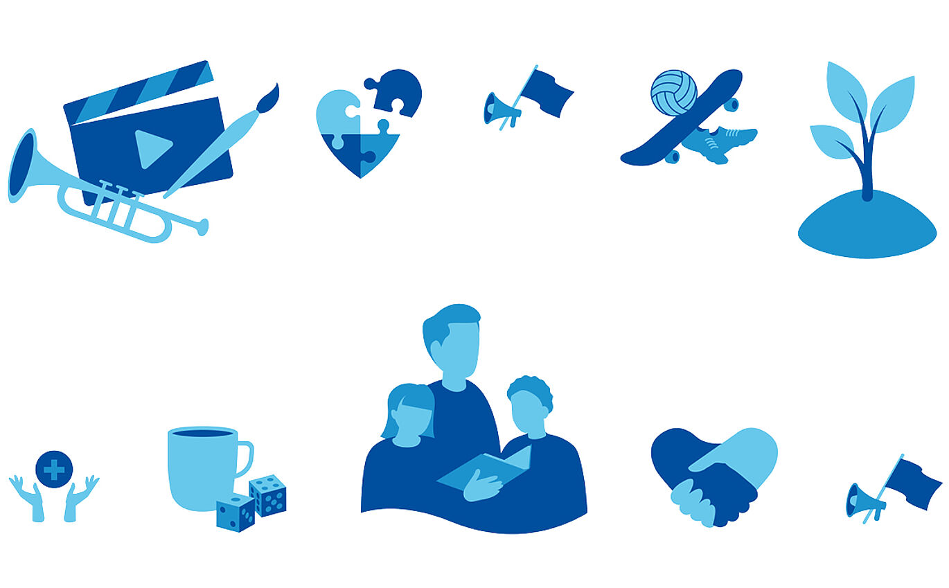 Eine Auflistung ausgewählter monochrom-blauer Icons in verschiedenen Größen