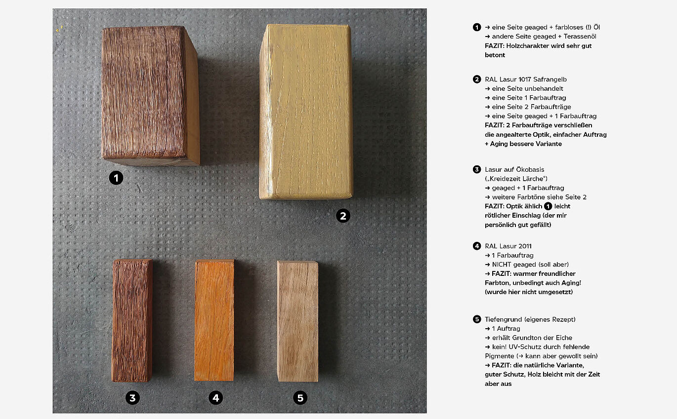 Five wooden blocks with different glazes