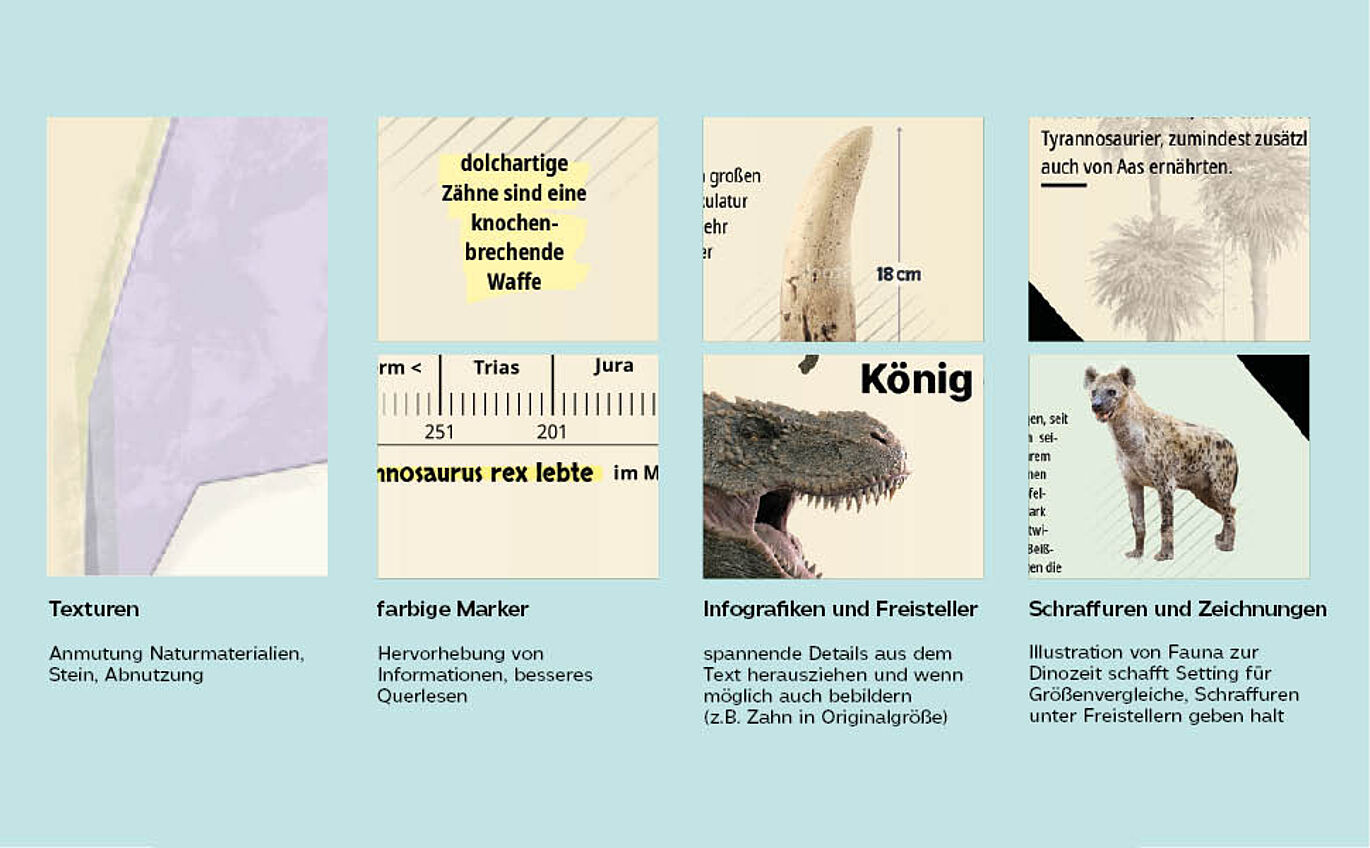 Details im Überblick: Texturen, farbige Marker, Infografiken und Freisteller, sowie Schraffuren und Zeichnungen