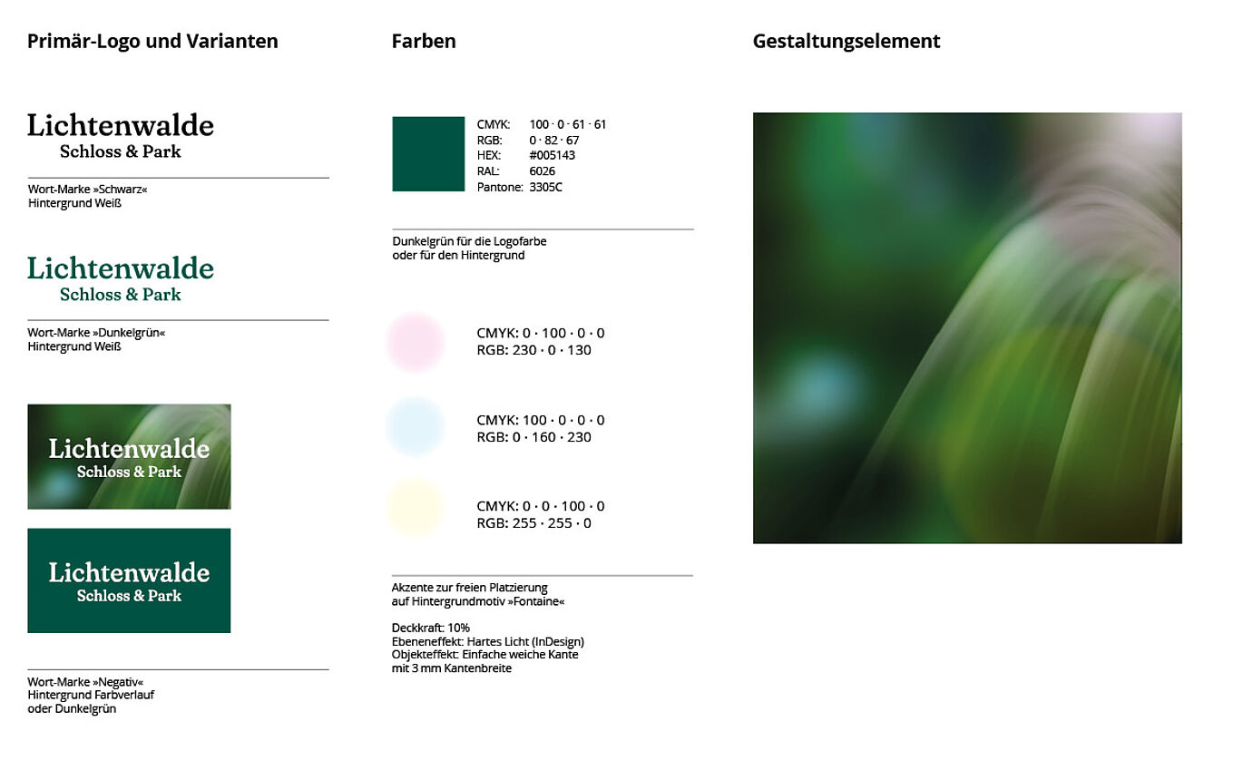 Primary logo and variants, colors and design elements of Lichtenwalde Castle & Park