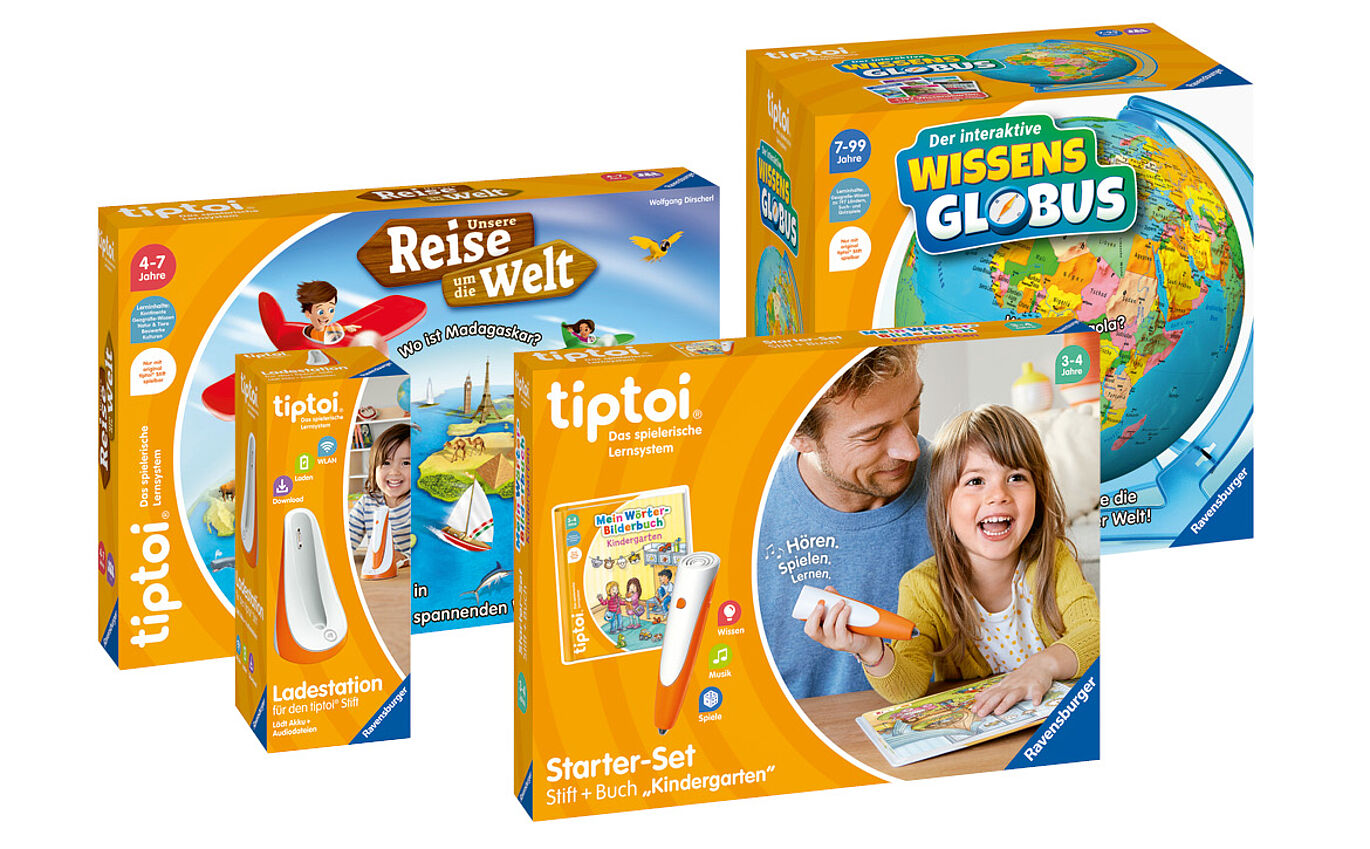 Verpackungsdesign: Unsere Reise um die Welt, Ladestation, der interaktive Wissensglobus und Starter-Set