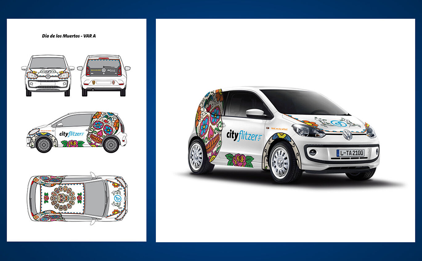 Digital illustration of a stickered car in corporate design style Dia de los Muertos 