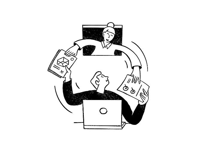 Eine schwarz-weiße Illustration zeigt zwei Menschen, die Dokumente austauschen