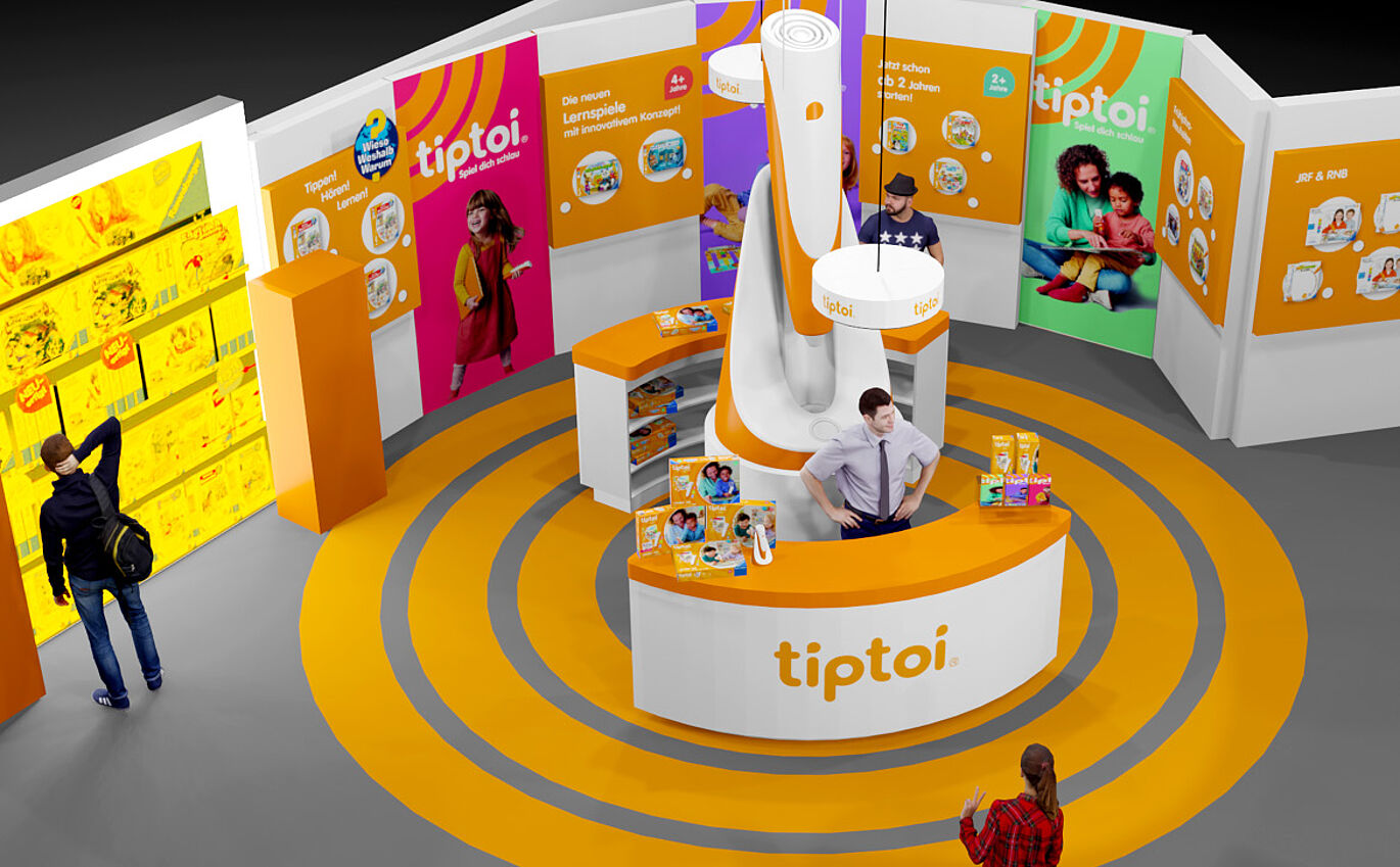 3D rendering of the trade fair stand design: overall situation (large tiptoi pen in the center)