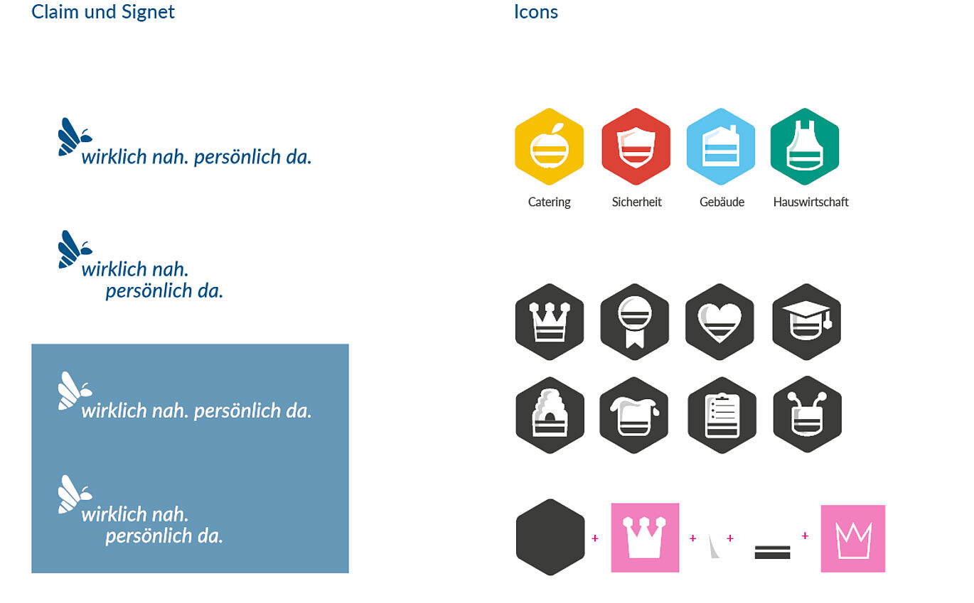 Claim design with bee and various icons in the color style of the corporate design