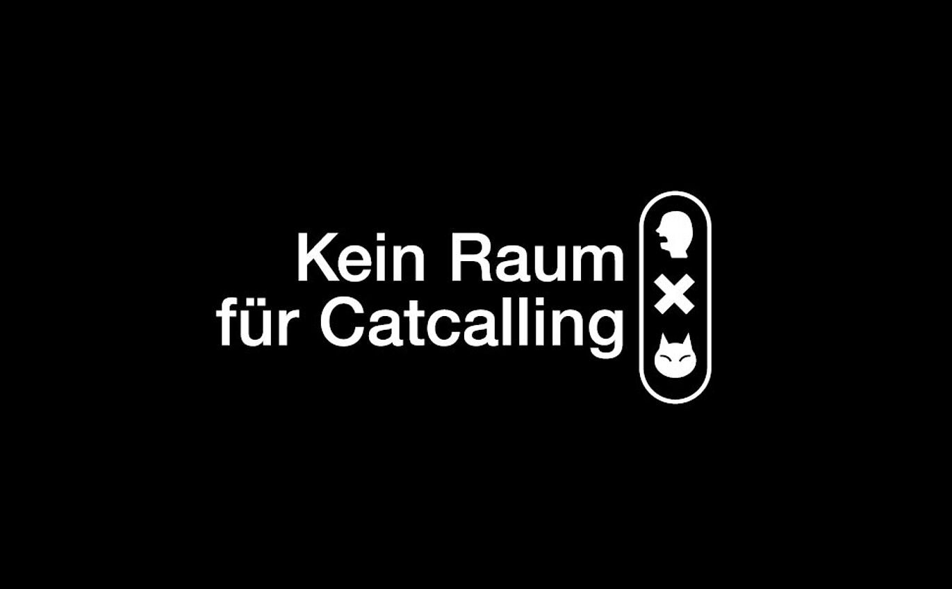 Claim "Kein Raum für Catcalling" und weiße Icons auf schwarzem Hintergrund