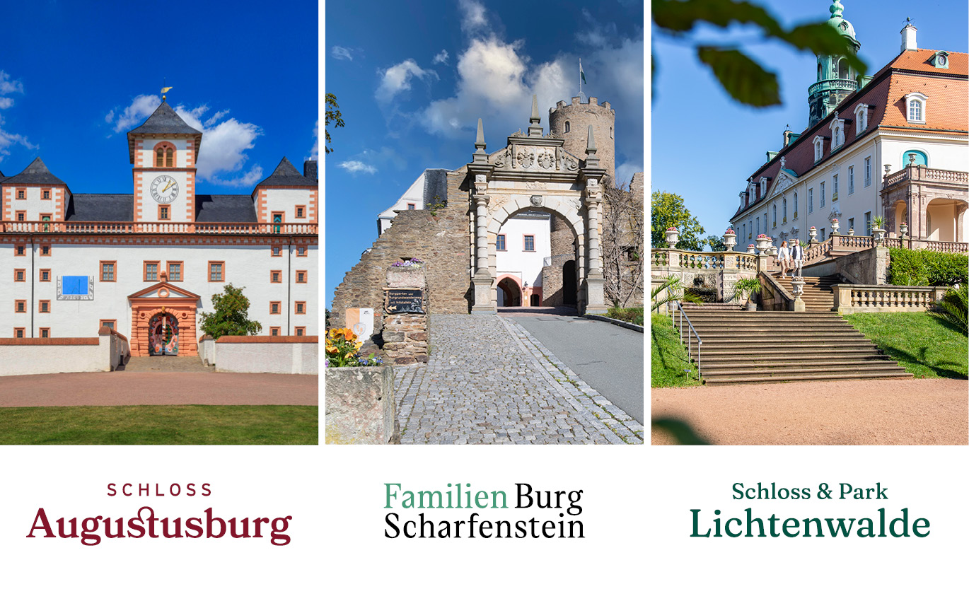 Foto und Logo der drei Schlossbetriebe im Vergleich. Schloss Augustusburg, Familienburg Scharfenstein, Schloss & Park Lichtenwalde