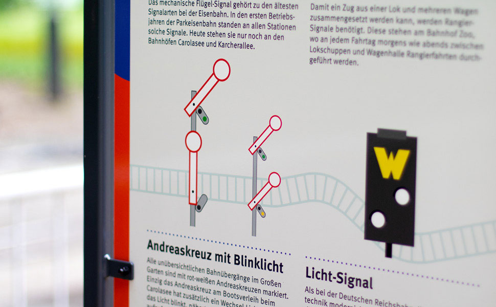 Nahaufnahme der Zeichnungen von den einzelnen Schildern für den Eisenbahnverkehr.