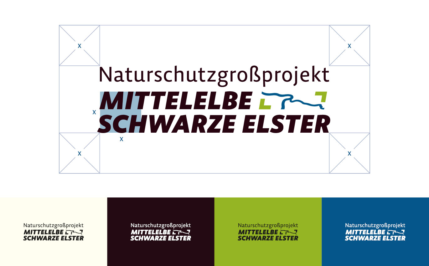Das Logo des Naturschutzgroßprojekt Mittelelbe-Schwarze Elster in verschiedenen farblichen Ausführungen.
