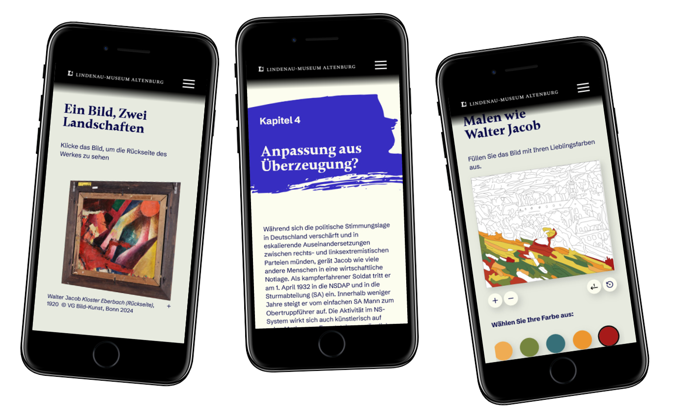 Drei schwarze Handys sind nebeneinander. Auf dem Bildschirm des linken Handys steht "Ein Bild zwei Landschaften". Auf dem mittleren "Anpassung aus Überzeugung?" und auf dem letzten "Malen wie Walter Jacob". Jedes Handy zeigt die Digitellos des Lindenau-Museums Altenburg in seiner Anwendung.